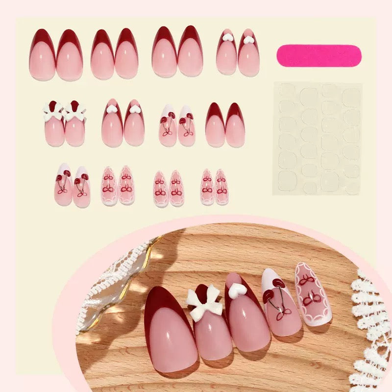 High-Quality Valentine’s Day Detachable Press-On Nails with Cherry Heart Bow