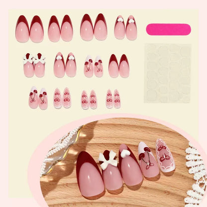 High-Quality Valentine’s Day Detachable Press-On Nails with Cherry Heart Bow