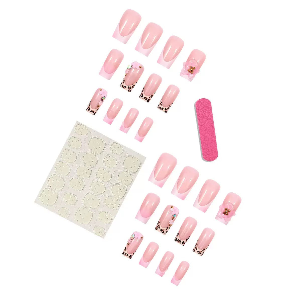 French-Style Leopard 3D Flower Removable Press-On Nails