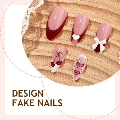 High-Quality Valentine’s Day Detachable Press-On Nails with Cherry Heart Bow
