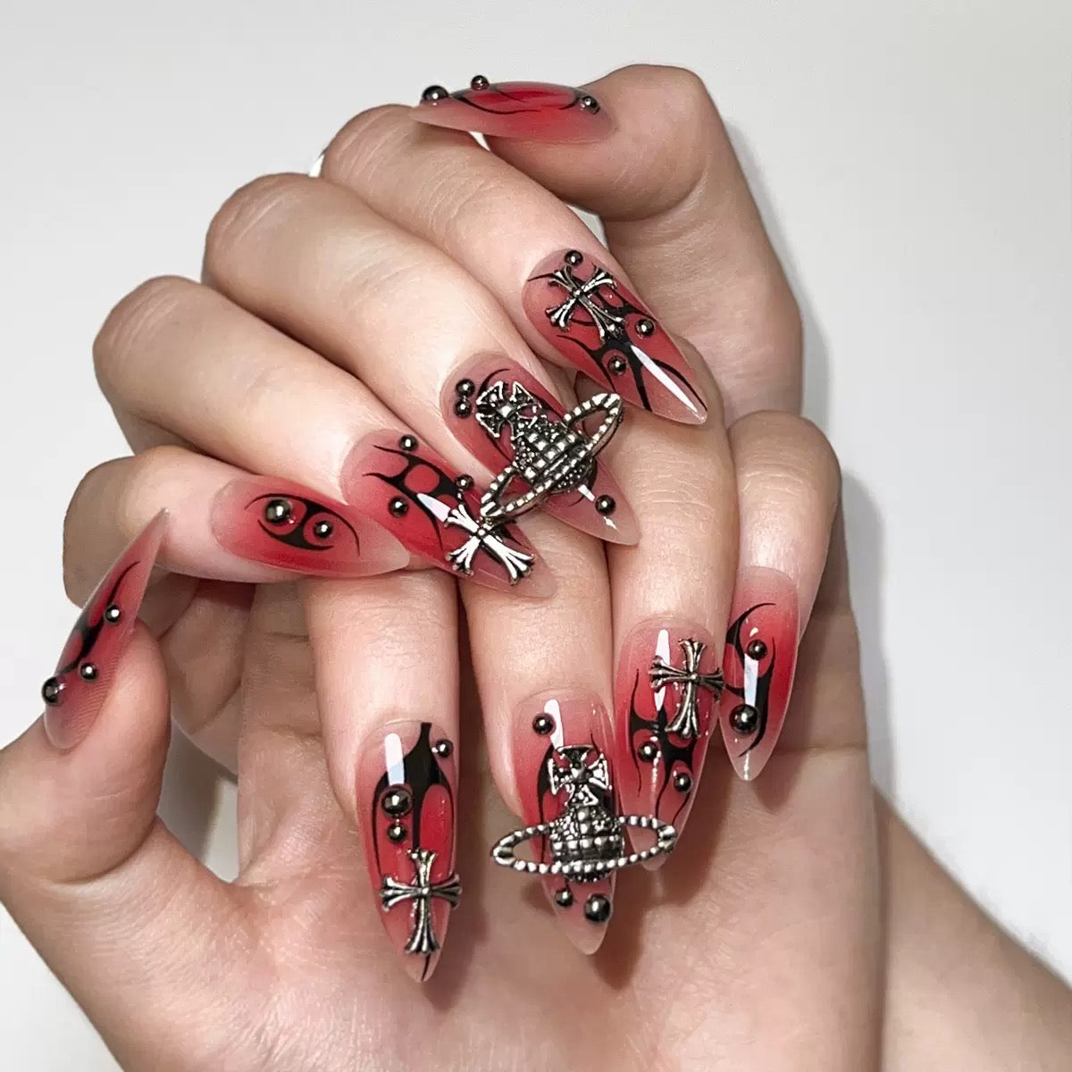 High-end Sweet & Cool Hot Girl Style Flame Planet Red-to-Black Gradient Cross Nail Tips, Handmade Press-On Nails