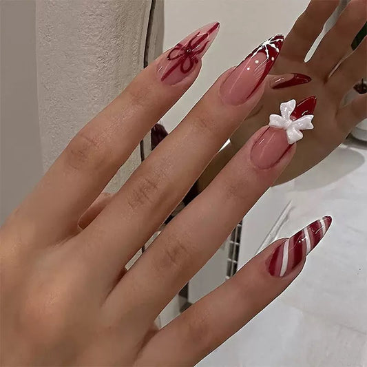 Red French-Edged Christmas Detachable Press-On Nails with Bow