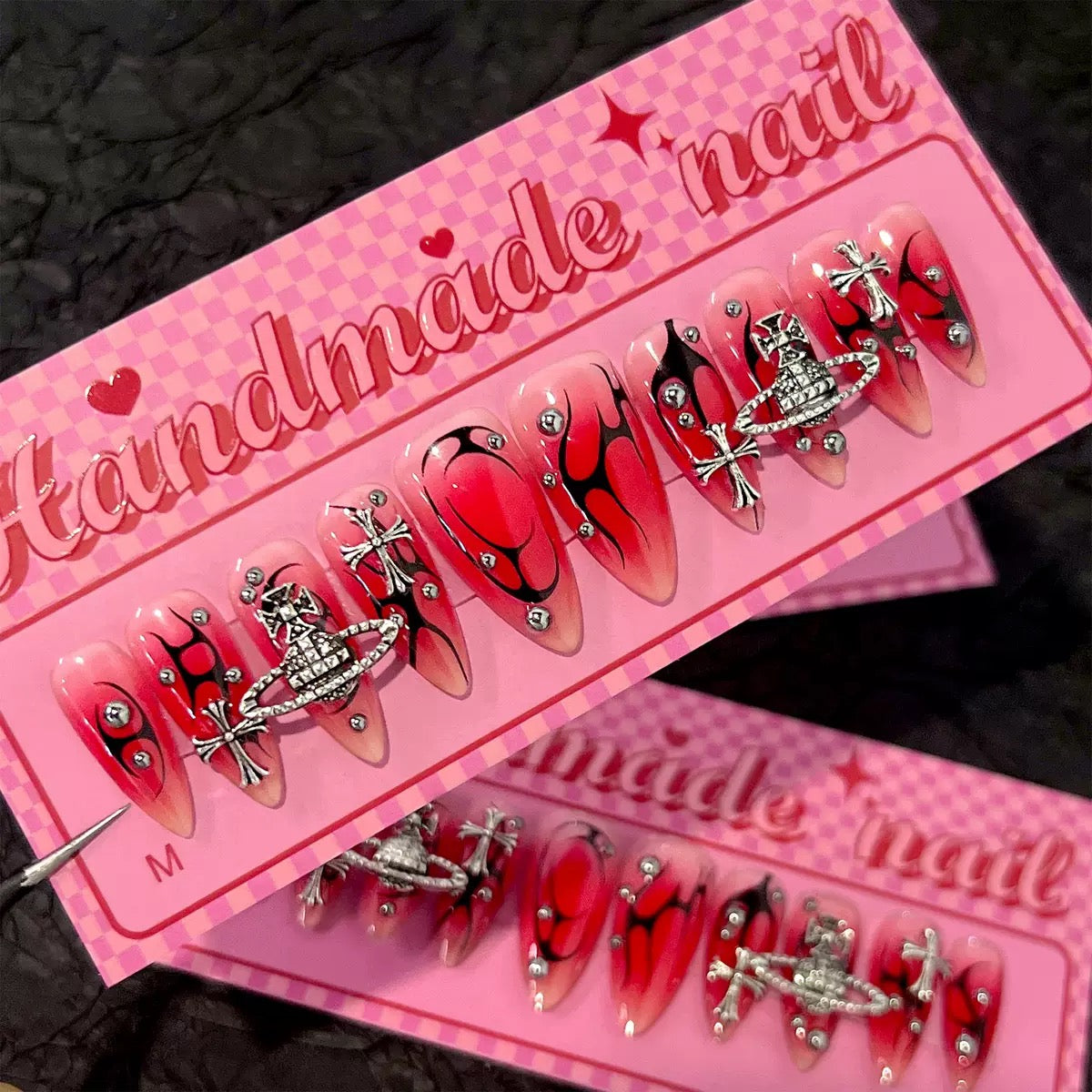 High-end Sweet & Cool Hot Girl Style Flame Planet Red-to-Black Gradient Cross Nail Tips, Handmade Press-On Nails