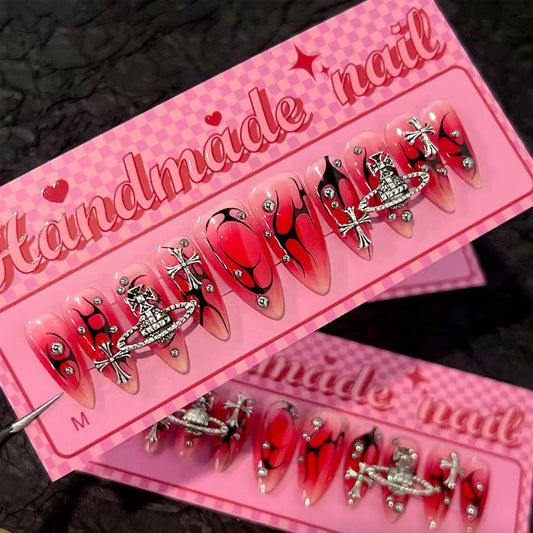 High-end Sweet & Cool Hot Girl Style Flame Planet Red-to-Black Gradient Cross Nail Tips, Handmade Press-On Nails