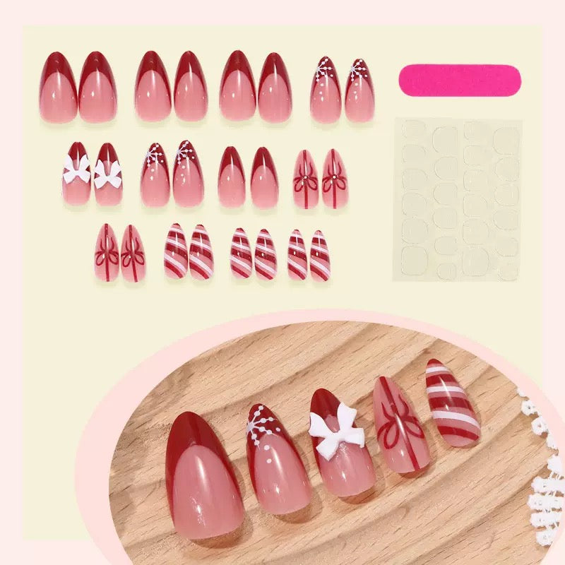 Red French-Edged Christmas Detachable Press-On Nails with Bow