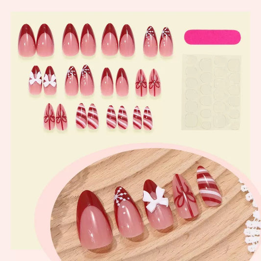 Red French-Edged Christmas Detachable Press-On Nails with Bow