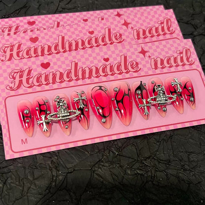 High-end Sweet & Cool Hot Girl Style Flame Planet Red-to-Black Gradient Cross Nail Tips, Handmade Press-On Nails