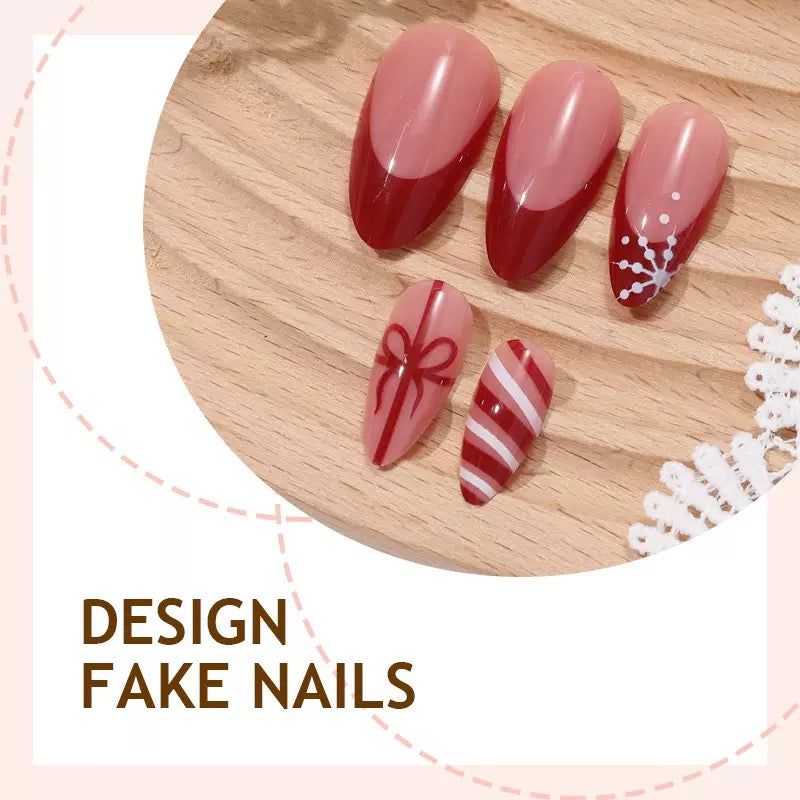 Red French-Edged Christmas Detachable Press-On Nails with Bow