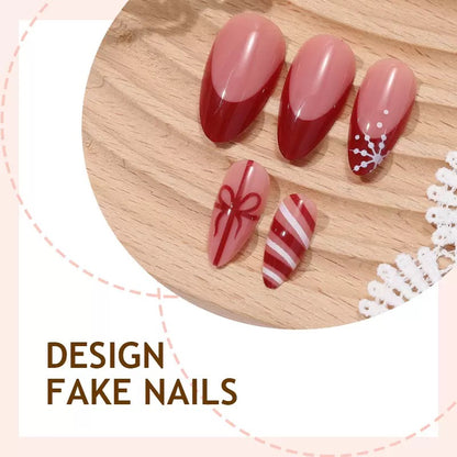 Red French-Edged Christmas Detachable Press-On Nails with Bow