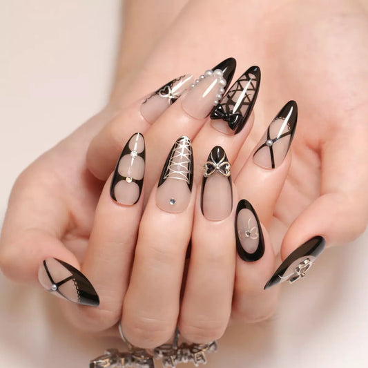 Edgy French Black Rhinestone 3D Bow Short Almond Nail Tips, Press-On Nails