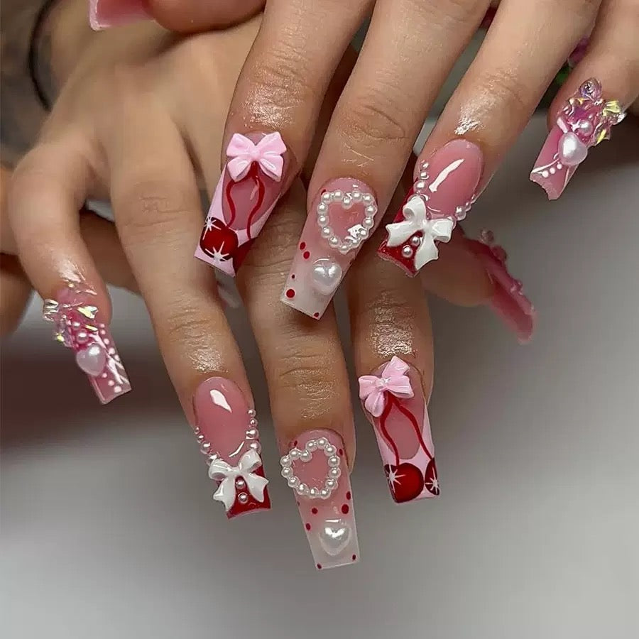 Cute Valentine’s Day Detachable Press-On Nails with Pink Heart French Cherry Bow