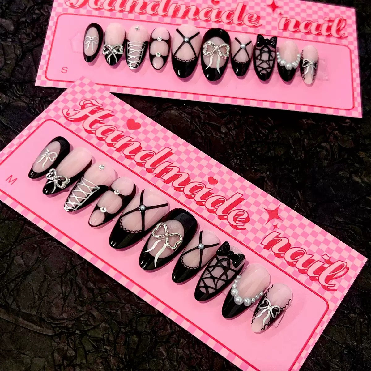 Edgy French Black Rhinestone 3D Bow Short Almond Nail Tips, Press-On Nails