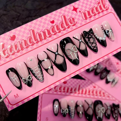Edgy French Black Rhinestone 3D Bow Short Almond Nail Tips, Press-On Nails