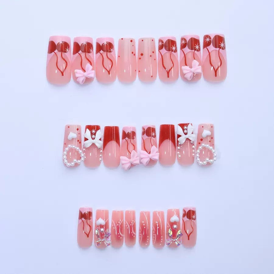 Cute Valentine’s Day Detachable Press-On Nails with Pink Heart French Cherry Bow