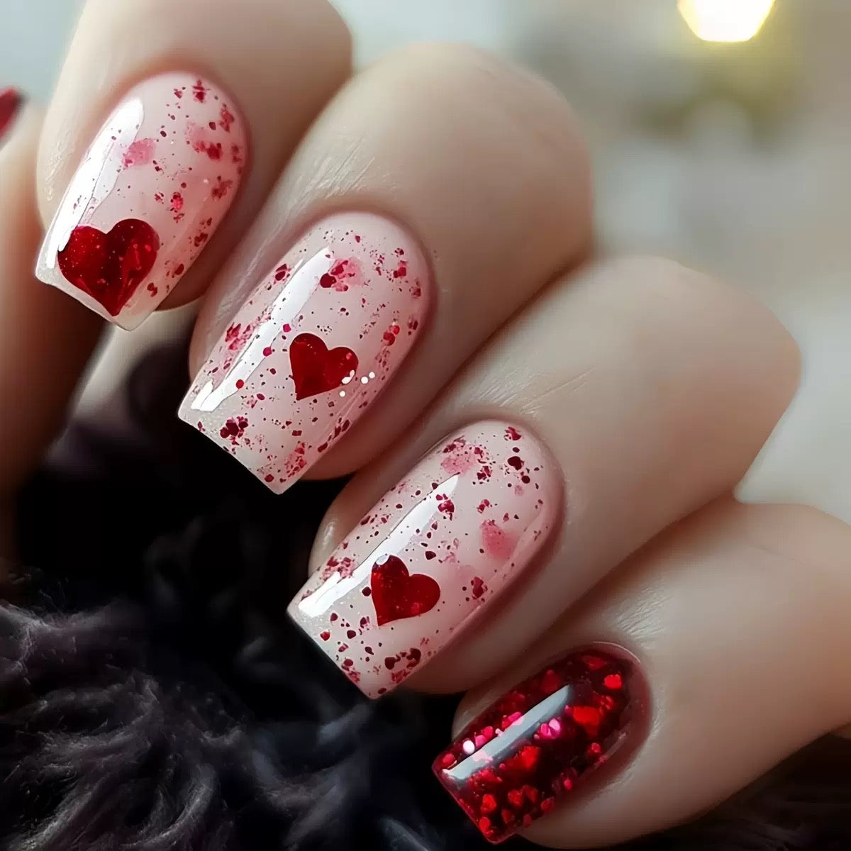 Valentine’s Day Must-Have – Heart Mid-Length European Square Press-On Nails