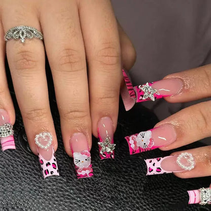 24-Piece Pink Leopard KITTY Cat Rhinestone Press-On Nails – Trendy & Sparkly