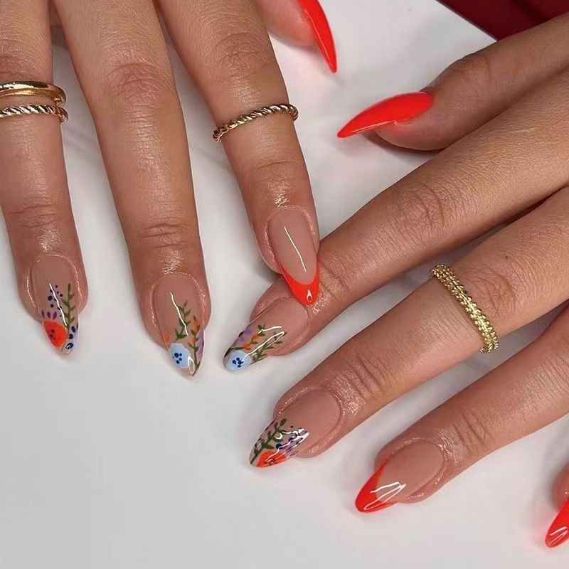 French Red-Edged Leaf Press-On Nails