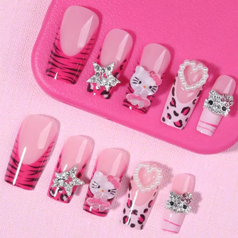 24-Piece Pink Leopard KITTY Cat Rhinestone Press-On Nails – Trendy & Sparkly