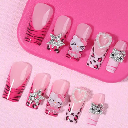 24-Piece Pink Leopard KITTY Cat Rhinestone Press-On Nails – Trendy & Sparkly