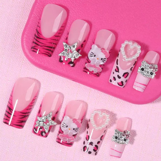 24-Piece Pink Leopard KITTY Cat Rhinestone Press-On Nails – Trendy & Sparkly
