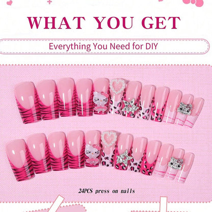 24-Piece Pink Leopard KITTY Cat Rhinestone Press-On Nails – Trendy & Sparkly