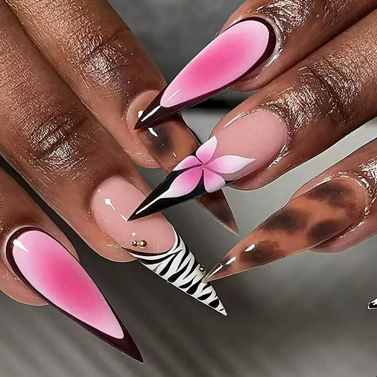 French Minimalist Pink Leopard Floral Nail Tips, Press-On Nails