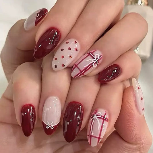 Almond Valentine’s Day Detachable Press-On Nails with Red-Brown Plaid, Shiny Pink Heart & Bow