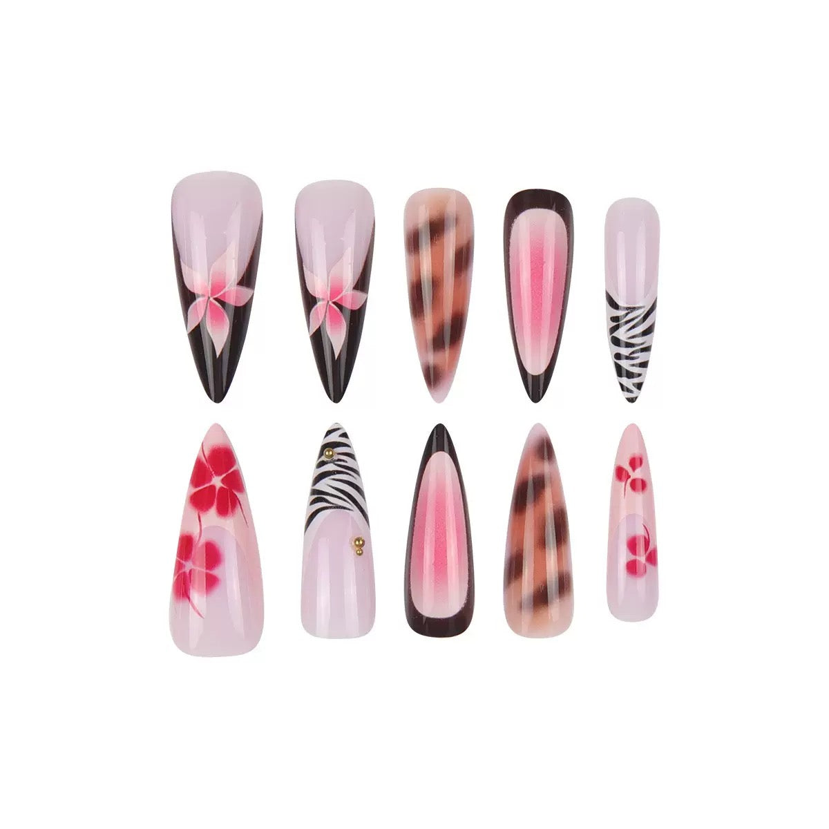 French Minimalist Pink Leopard Floral Nail Tips, Press-On Nails