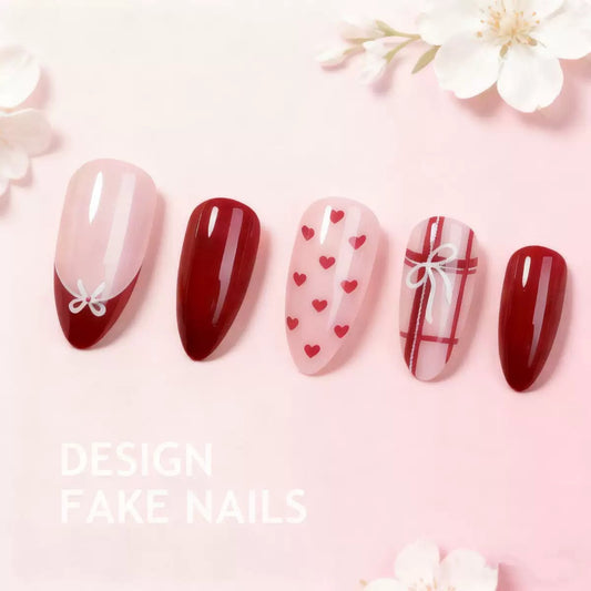 Almond Valentine’s Day Detachable Press-On Nails with Red-Brown Plaid, Shiny Pink Heart & Bow