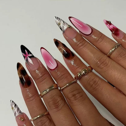French Minimalist Pink Leopard Floral Nail Tips, Press-On Nails