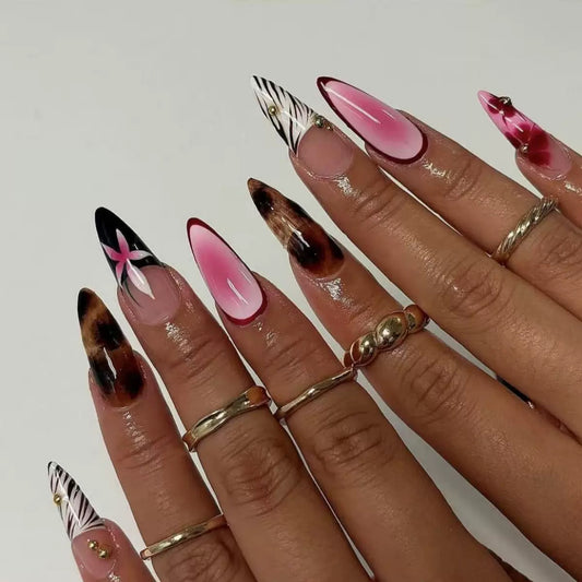 French Minimalist Pink Leopard Floral Nail Tips, Press-On Nails