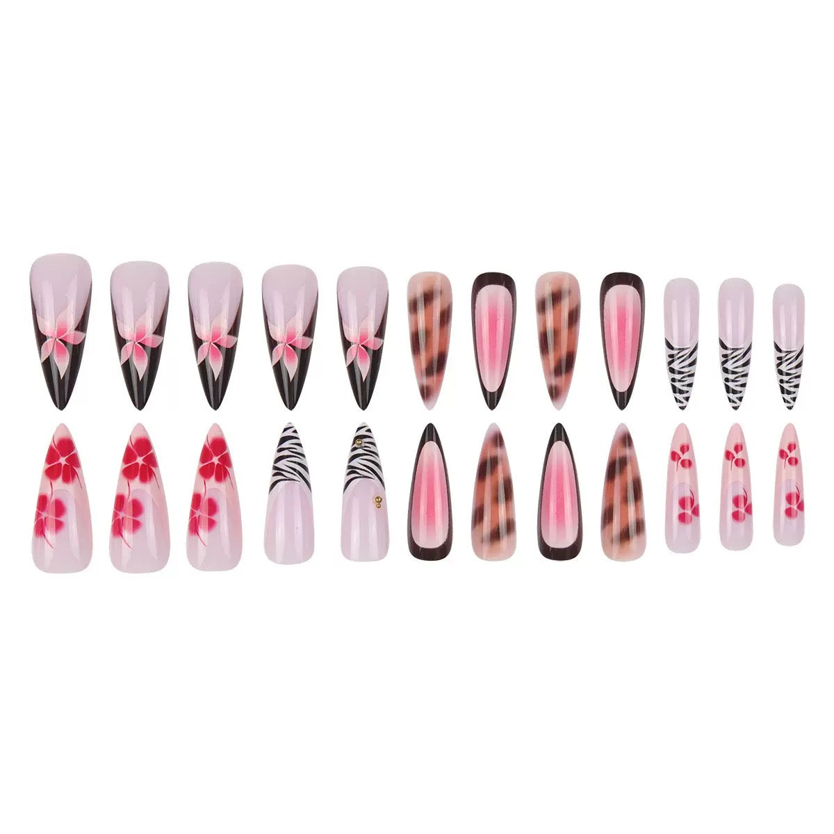French Minimalist Pink Leopard Floral Nail Tips, Press-On Nails