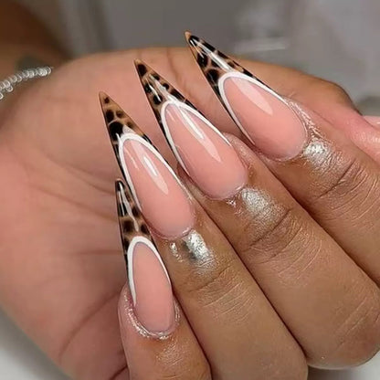 Innocent-Cool Hot Girl Long Pointed French Leopard Nail Tips, Press-On Nails