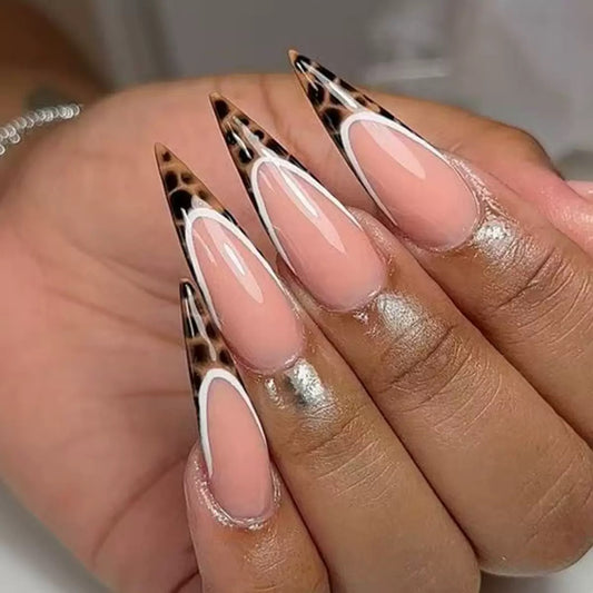 Innocent-Cool Hot Girl Long Pointed French Leopard Nail Tips, Press-On Nails