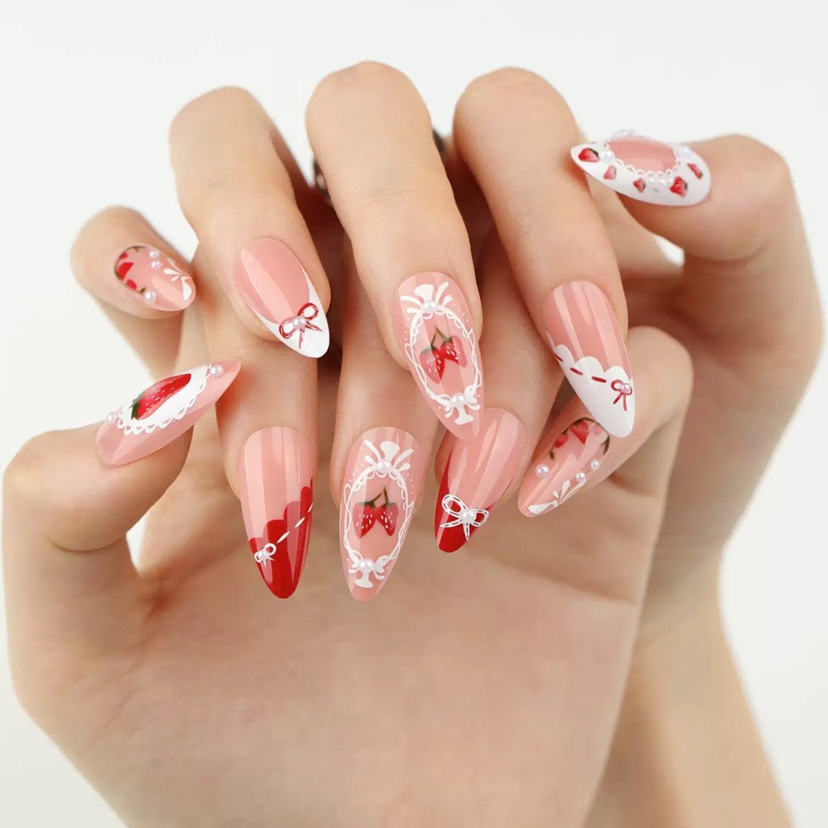 Short Almond Valentine’s Day Detachable Press-On Nails with Sweet Strawberry Pink French Pearl Bow