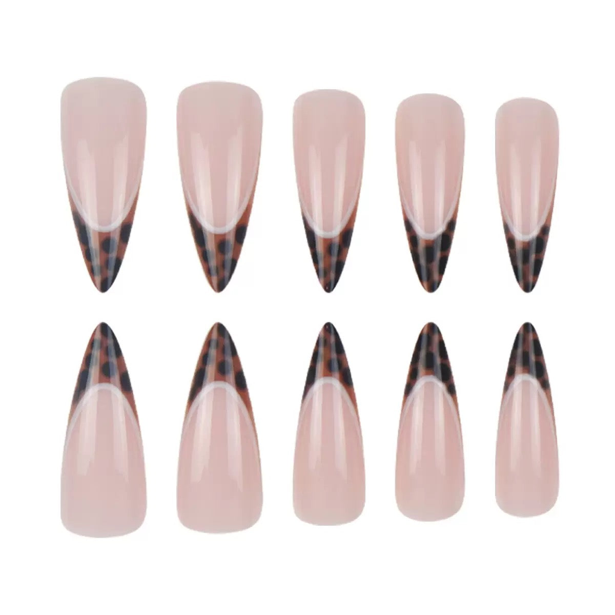 Innocent-Cool Hot Girl Long Pointed French Leopard Nail Tips, Press-On Nails
