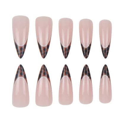 Innocent-Cool Hot Girl Long Pointed French Leopard Nail Tips, Press-On Nails
