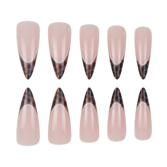 Innocent-Cool Hot Girl Long Pointed French Leopard Nail Tips, Press-On Nails