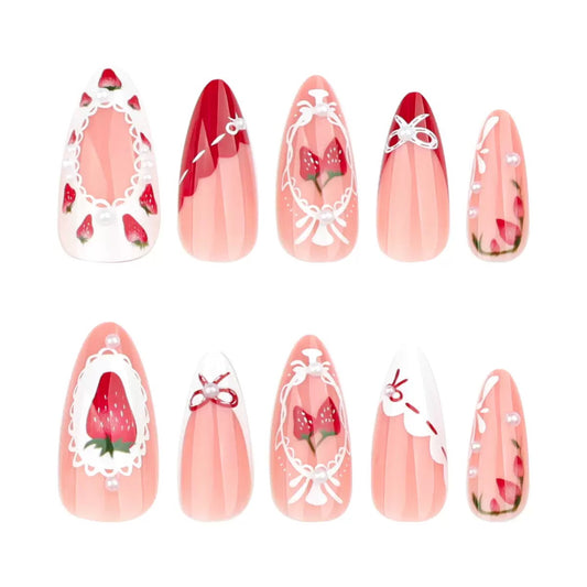 Short Almond Valentine’s Day Detachable Press-On Nails with Sweet Strawberry Pink French Pearl Bow