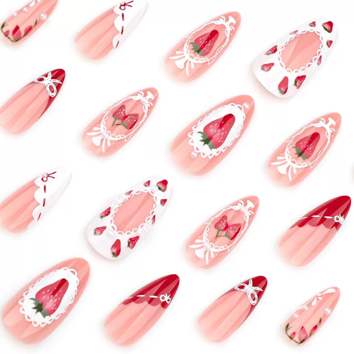 Short Almond Valentine’s Day Detachable Press-On Nails with Sweet Strawberry Pink French Pearl Bow