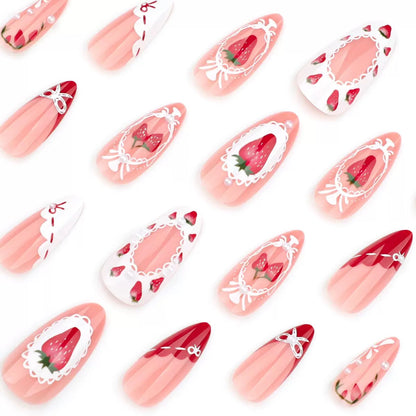 Short Almond Valentine’s Day Detachable Press-On Nails with Sweet Strawberry Pink French Pearl Bow