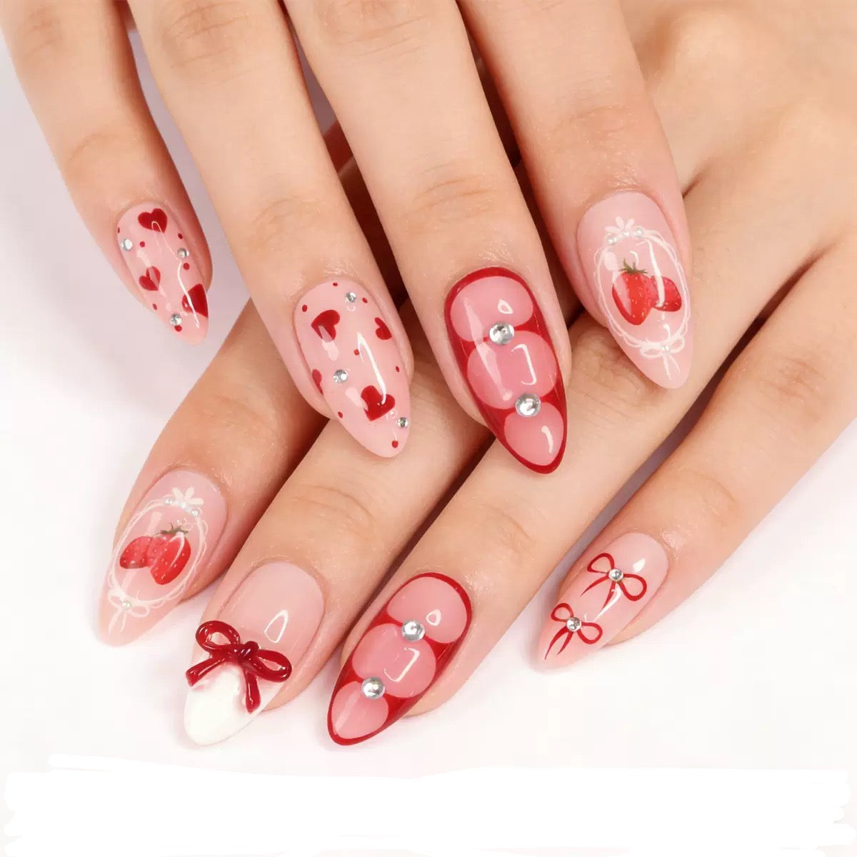 Sweet Strawberry Handmade Almond Detachable Press-On Nails with Bow and Diamond Heart – Perfect for Valentine’s Day