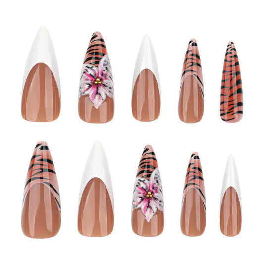 Autumn & Winter Best-Selling French Minimalist White Nail Tips with Leopard Print and 3D Flowers, Press-On Nails