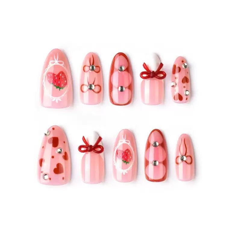 Sweet Strawberry Handmade Almond Detachable Press-On Nails with Bow and Diamond Heart – Perfect for Valentine’s Day