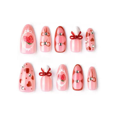 Sweet Strawberry Handmade Almond Detachable Press-On Nails with Bow and Diamond Heart – Perfect for Valentine’s Day