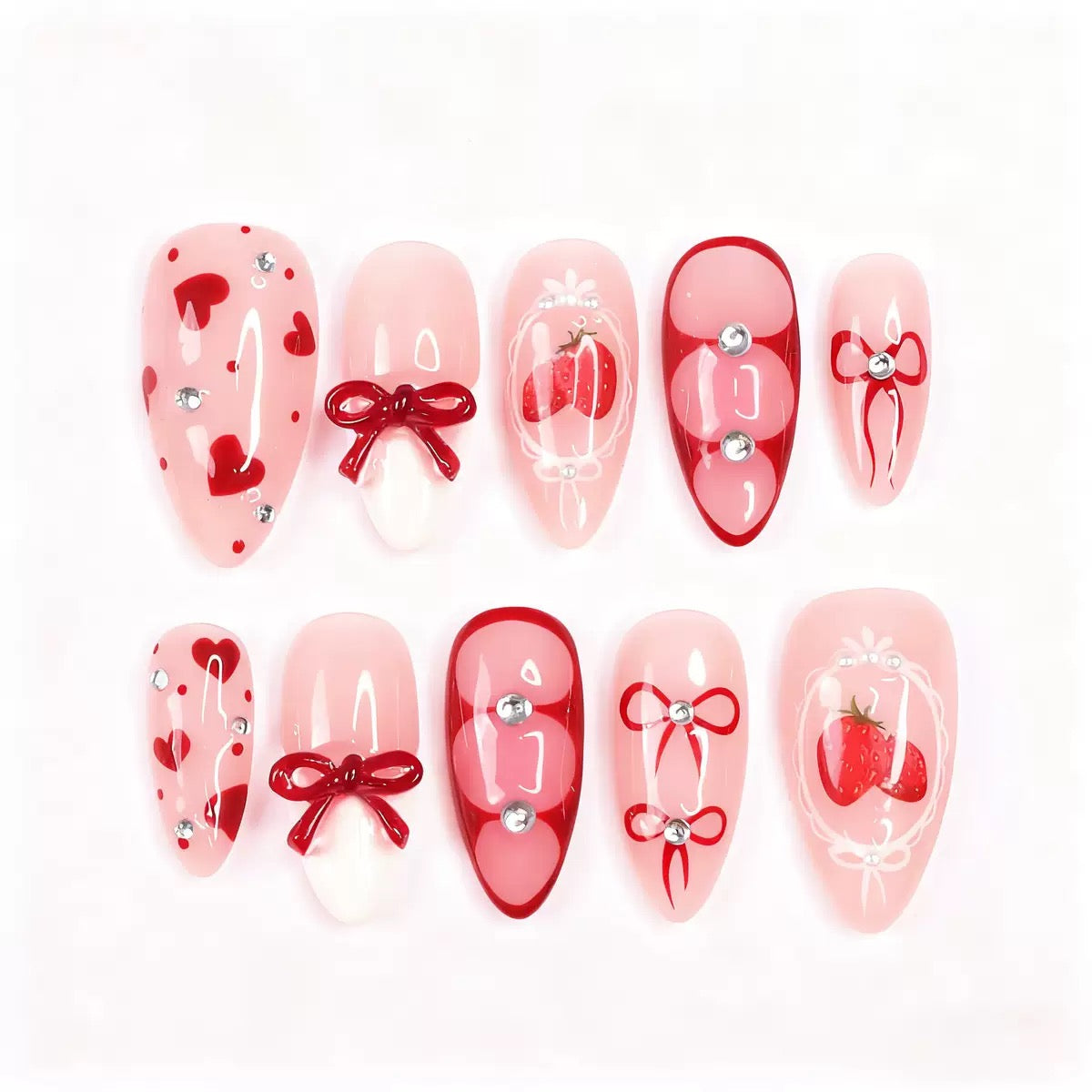 Sweet Strawberry Handmade Almond Detachable Press-On Nails with Bow and Diamond Heart – Perfect for Valentine’s Day