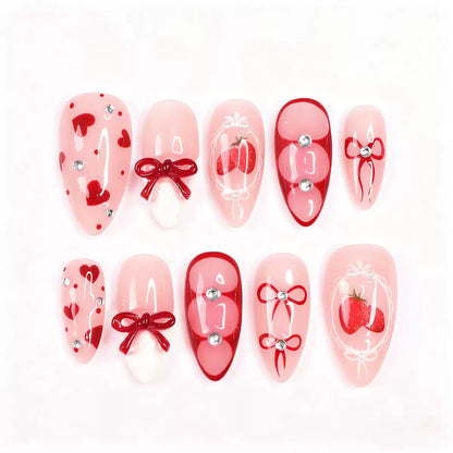 Sweet Strawberry Handmade Almond Detachable Press-On Nails with Bow and Diamond Heart – Perfect for Valentine’s Day