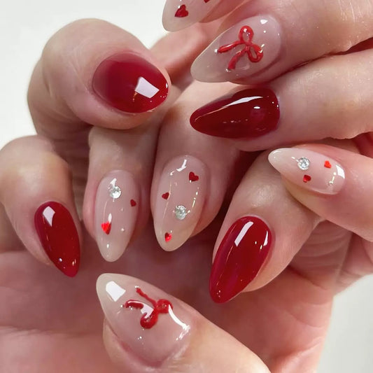 Sweet-Style Valentine’s Day Detachable Press-On Nails with Wine Red Bow Alloy Tie Ribbon Nail Accessory