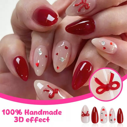 Sweet-Style Valentine’s Day Detachable Press-On Nails with Wine Red Bow Alloy Tie Ribbon Nail Accessory