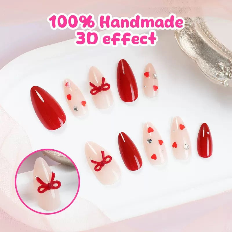 Sweet-Style Valentine’s Day Detachable Press-On Nails with Wine Red Bow Alloy Tie Ribbon Nail Accessory